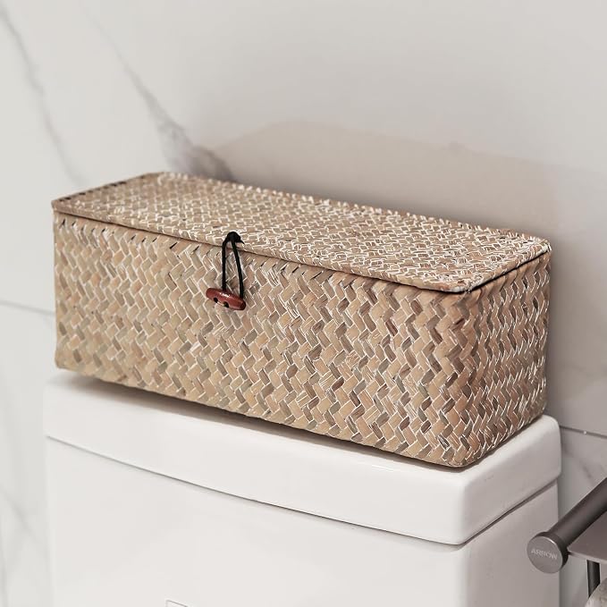 Seagrass Storage Basket for Bathroom - Wicker Toilet Tank Basket with Lid - Woven Storage Box for Organizing (Whitewash, 16.5" x 5.5" x 5.5")