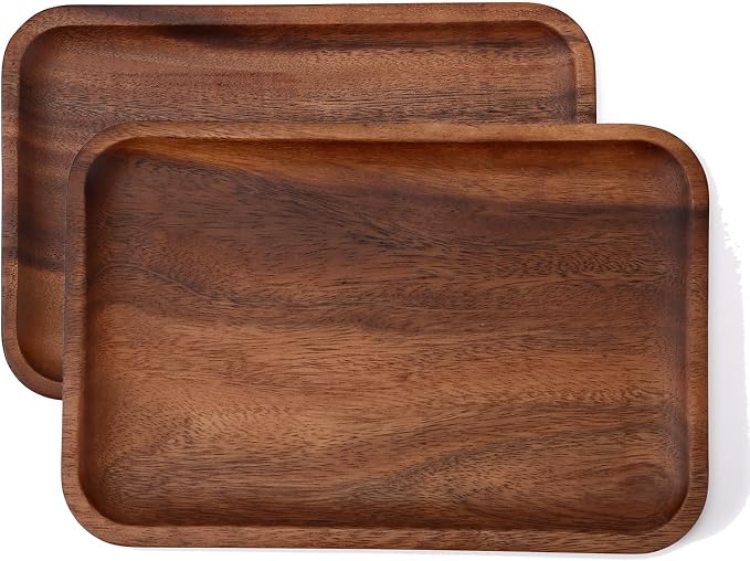 2PCS Serving Wood Valet Tray for Men Women, Catch All Acacia Mens Key Dump Bedside Nightstand Organizer EDC Decorative Wooden Tray for Phone Watch Wallet Keys