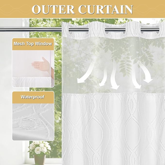 Yinhua No Hook Shower Curtain with Snap in Liner Set, 71" W×86" L, White | Hotel Style, See Through Top Window, Washable Waterproof, Tufted, Extra Long Hookless Curtain for Bathroom Bathtub