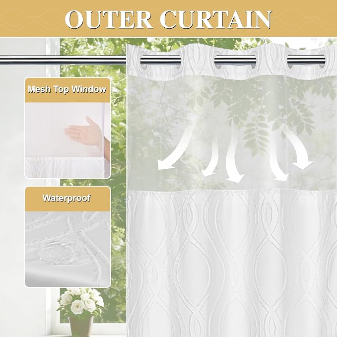 Yinhua No Hook Shower Curtain with Snap in Liner Set, 71" W×74" L, White | Hotel Style with See Through Top Window, Washable Waterproof, Tufted Textured, Hookless Curtain for Bathroom Bathtub