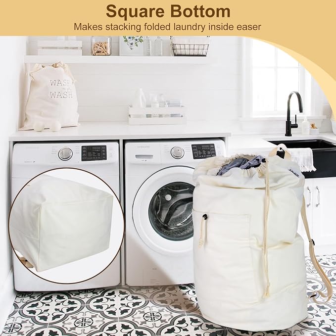 Laundry Bag Backpack, Canvas Laundry Bag with Straps & Drawstring, 2 pack | Heavy Duty Washable Dirty Cloth Hamper Bag with Large Front Pocket for College, Travel, Laundromat, Camping