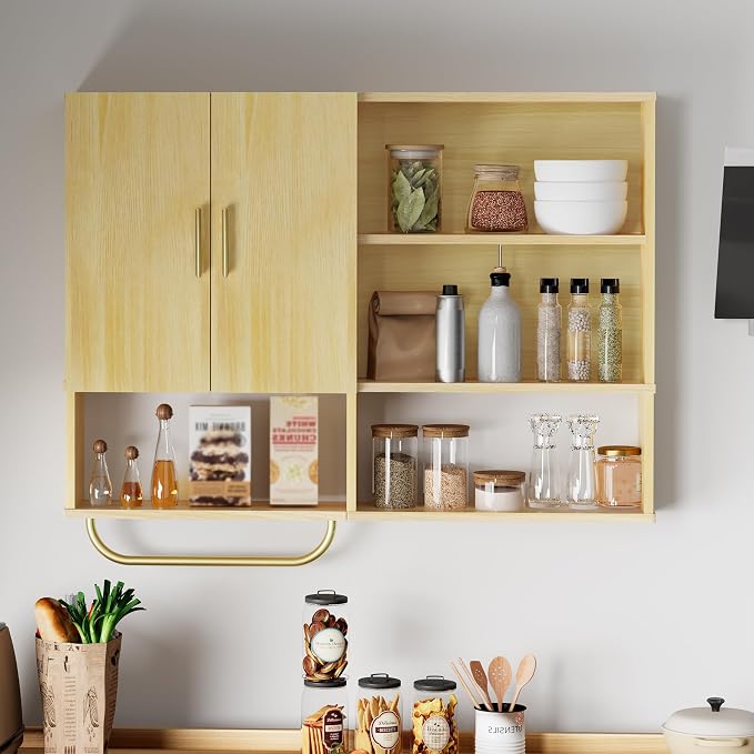 Bathroom Wall Cabinet Wood Large Wall Mounted Medicine Cabinet with 2 Doors and 4 Open Shelves Over Toilet Storage Cabinet Organizer with Towel Bar,Wood