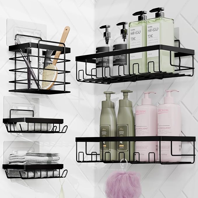 Clara Clark Bathroom Accessories Set - 27PC Bathroom Set with Adhesive Corner Shower Caddy Hanging, Bathroom Sets with Shower Curtain and Rugs, Grey Shower Curtain Set with Bathroom Trash Can | 27 Piece Grey Bathroom Sets with Shower Curtain and Rugs w...