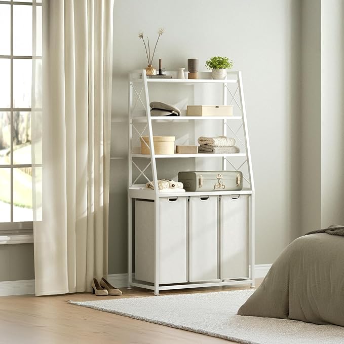 Herture 3 Section Laundry Hamper Laundry Basket with 4 Tiers Shelf | Laundry Sorter with Pull-Out Removable Large Bags, 4 x 15.87 Gallons, Metal Frame, for Laundry Room Bathroom, White PF05XLW