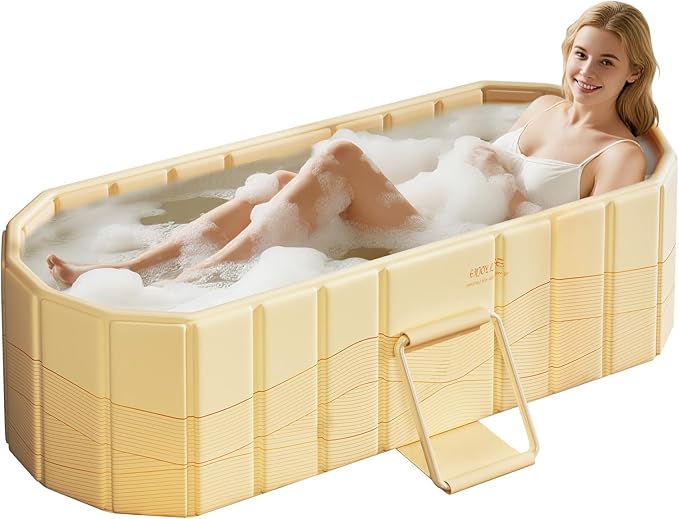 Portable Bathtub, Foldable Bathtub 59x21.6x19.6", Beige | Inflatable Bathtub Free Standing Tub with 2 Drain Ports, Space Saving, Hot Tub, Ice Bath Tub, Indoor Outdoor