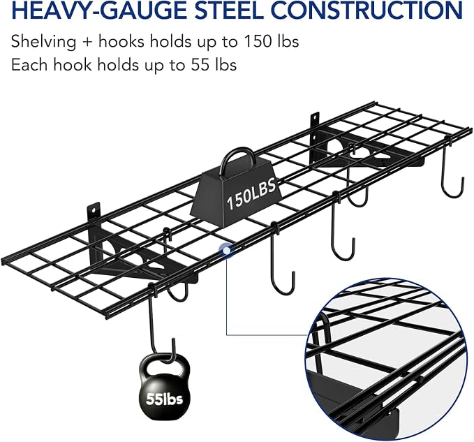 FLEXIMOUNTS 1-Pack 1x4 ft Garage Wall Shelving, Include 6 Bike Hooks, Black | Wall Shelf Garage Organization System w/Bike Hangers, Storage Rack, Floating Shelves, 150 lbs Weight Capacity, Classic Series