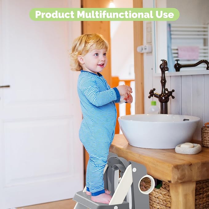 COOSEYA Toilet Seat, Potty Training Seat for Toddler, Upgraded 2-in-1 Potty Toilet Training for Boys and Girls,Waterproof Cushioned Mat with Non-slip Step Stool(Grey Cream)