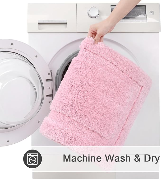 SHACOS Soft Microfiber Bathroom Rugs Set of 2 Pieces, Pink | 47x20 + 32x20, Absorbent Plush Bath Rugs, Non Slip Washable Shaggy Bath Mats, Fluffy Bathroom Runner Floor Mats Shower Rug