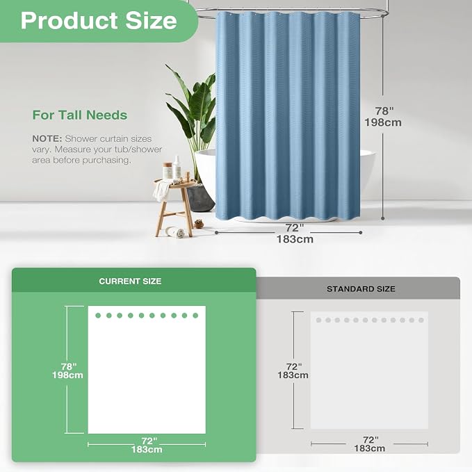 Long Waffle Shower Curtain 256 GSM Heavy 72"x78" Moonlight Blue | 78 Inch Long, Thick Polyester Cloth, Weighted Hem, Water Repellent, Washable, Tall Hotel Bathroom Shower Curtain Set 12 Hooks