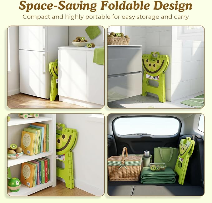 9 Inch Cute Folding Step Stool for Kids, with Handle, Kiwi Green | Foldable Step Stool, Heavy Duty, Lightweight, Non-Slip, for Toddler/Adults, for Kitchen Bathroom Outdoor, Sturdy Collapsible