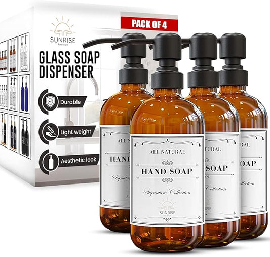 Amber Glass Soap Dispenser, Matte Black Pump, 16 oz | Amber glass, Matte Black Stainless Steel Pump, Bathroom and Kitchen Sink use, 12 Waterproof Labels (Pack of 4)