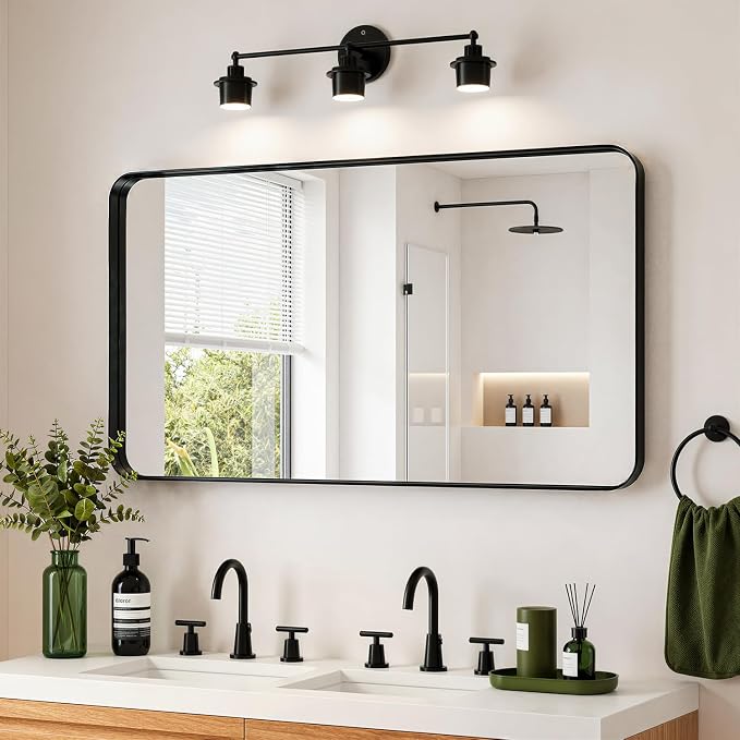 Koonmi Black Bathroom Mirror for Over Sink 36x71 Inch | Wall Mirror for Bathroom Matte Rectangle Metal Deep Framed, Shatterproof Tempered Glass, Hang Vertically or Horizontally