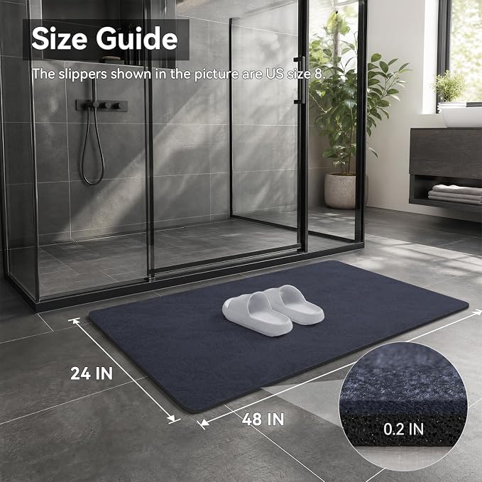 MontVoo -Bath Mat Rug-Rubber Backing Non Slip Quick Dry Absorbent Thin Bathroom Rugs Fit Under Door-Faux Suede Surface Bathroom Floor Mats-Shower Rug for in Front of Bathtub Shower Navy 24"x48"