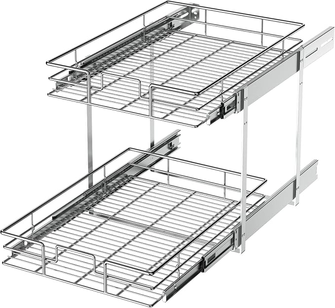 LOVMOR 2 Tier Individual Pull Out Cabinet Organizer 15½" W x 21½" D, Slide Out Kitchen Cabinet Storage Sliding Shelves