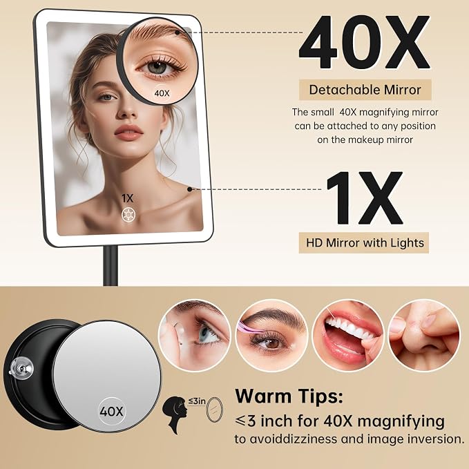 FUNTOUCH 4000mAh Rechargeable Vanity Mirror with Lights 40X Magnifier,Black | 3-Color Lighting Makeup Mirror with Lights & 84 LED,360°Rotation Touch Dimmable Lighted Makeup Mirror for Bedroom Tabletop