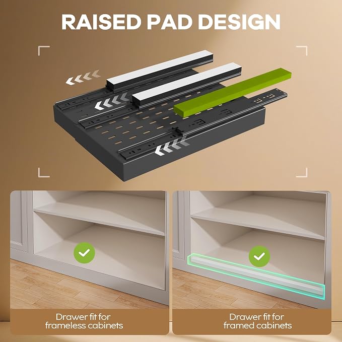 Seinloes 4 Pack Pull Out Cabinet Organizer 21" Deep with Raising Pad for Framed Cabinets, Expandable (9"-14" W) Slide Out Drawers for Kitchen Cabinets with 4pcs Divider Racks, Roll Out Shelves, Black