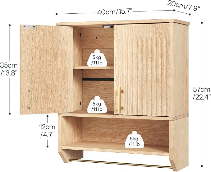 HOOBRO Narrow Bathroom Wall Cabinet with Towel Rack, Space Saving Medicine Cabinet for Small Spaces, Farmhouse Fluted Wall Storage Cabinet with Adjustable Shelf, Natural