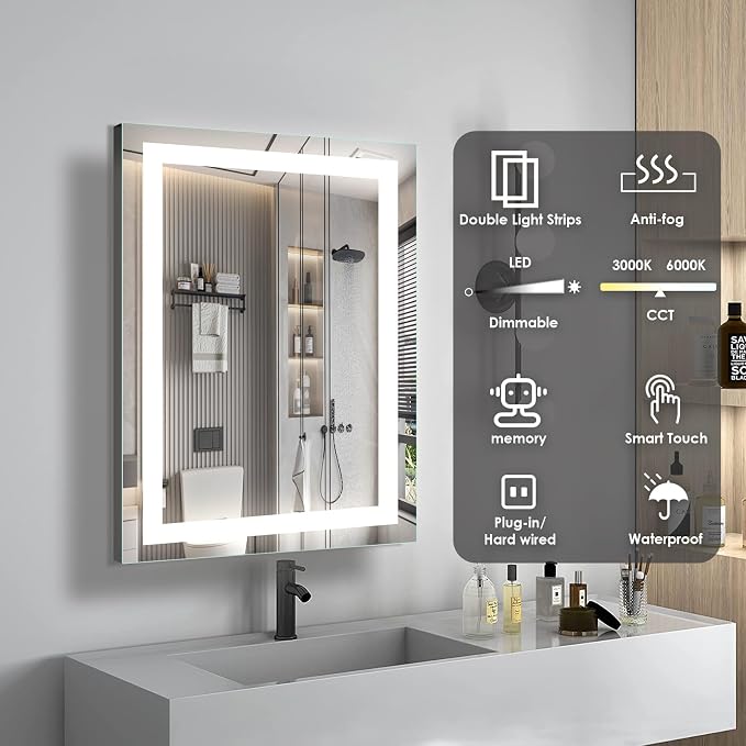 LED Bathroom Mirror, Vanity Mirror with Light for Wall 16"×24" | Stepless Dimmable, 3 Colors (3000K-6000K), Anti-Fog, Wall Mounted, 1 Hour Auto Off, Memory Function, Reinforced Packaging