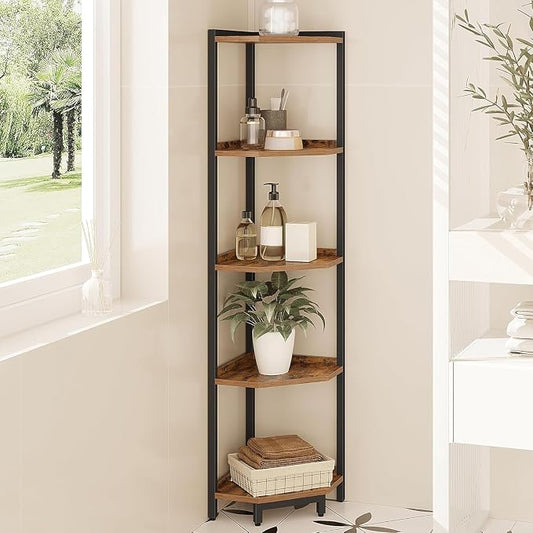 Hzuaneri Corner Shelf Stand 5-Tier Corner Bookshelf Storage Standing Shelf | Bookcase Plant Stand with Metal Frame for Living Room, Home Office, Bedroom, Black CS05901B