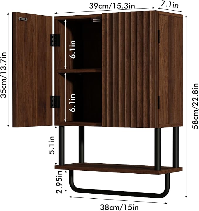 RUSTOWN Fluted Bathroom Wall Cabinet with 2 Doors, 3-Tier Medicine Cabinet | Modern Farmhouse Wall Mounted Cabinets, Over The Toilet Storage Cabinet, Adjustable Shelf and Towel Bar, Small