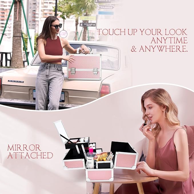 Joligrace 3-Tray Makeup Case with Mirror & Brush Holder, 11.6" Mermaid Pink | Cute mermaid style makeup train case with lots of storage capacity. Home makeup box holds cosmetics neatly and clean.