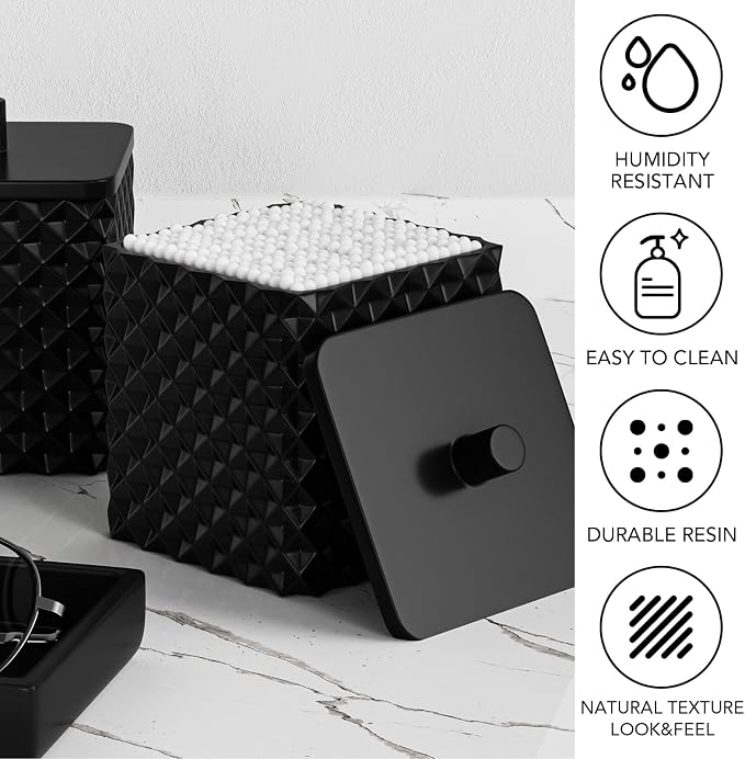 Bathroom Accessories Set Resin 6PCS, Square Toothbrush Holders Set Complete with Soap Dispenser, Vanity Tray, Tumbler, Cups and Cotton Swab Jars (Black Diamond, Resin Bath 6 PCS)