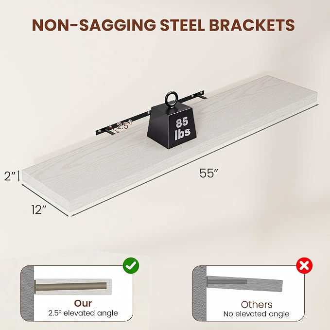 Vivelove Deep Floating Shelves 55x12” Set of 2, White Birch | Easy Install With Hardware, 2" Thick, Invisible Brackets, Wall Mounted, No Sagging, For Any Room