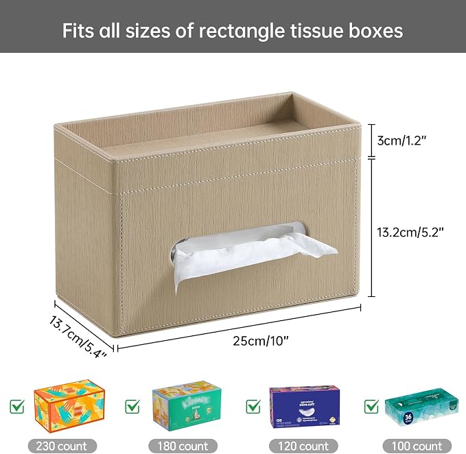 Plus Size Tissue Box Cover, Rectangle Tissue Box Organizer, Wood | Fit 180/230 Count Tissue Boxes, Storage Tray, PU Leather Large Tissue Box Cover, Rectangular Tissue Box Holder for Bathroom
