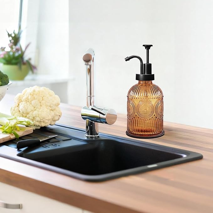 Amolliar 12 Oz Glass Soap Dispenser with Plastic Pump,Brown-Black,2 Pack | Antique Rustic Hand Liquid Bottle for Bathroom/Kitchen, Vintage/Farmhouse/Boho Style, Pump Dispenser, Refillable
