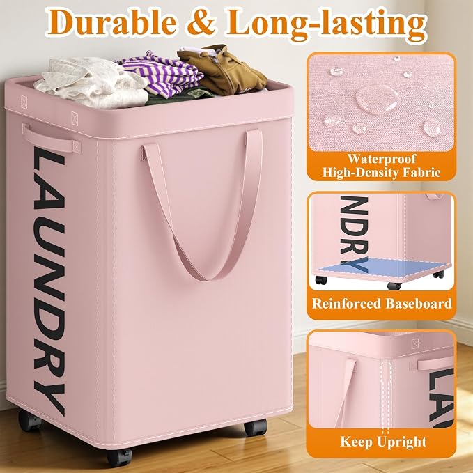 Optish 140L Laundry Hamper with Wheels, Rolling Laundry Basket with Removable Mesh Bag, Extra Large Clothes Hamper on Wheel for Bedroom, Bathroom, Dorm Room Essentials, Pink