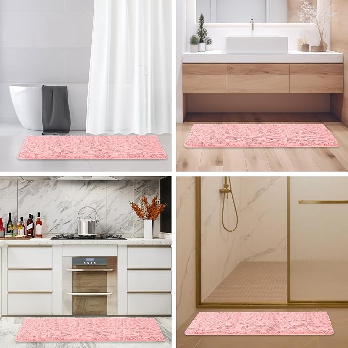 Bathroom Runner Rug 47 x 17 Inch – Long Bath Mat | Absorbent and Washable Thick Chenille Bath Rug Non-Slip Runner Rug for Bathroom, Shower, Sink(Pink)
