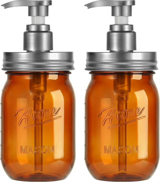 Amolliar Plastic Mason Jar Soap Dispenser with Pump Lid 16OZ - 2Pack Amber | Refillable BPA-Free Hand Soap Dispenser Set with Cute Lables, Farmhouse Decor for Kitchen Bathroom Liquid Dish Soap Lotion