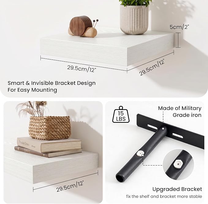 Fun Memories Floating Shelves for Wall 12 Inch, 12 Inch Deep Square Wall Shelves, Bathroom Storage Shelves Over Toilet, Wood Floating Shelves for Living Room Bedroom, White, Set of 2