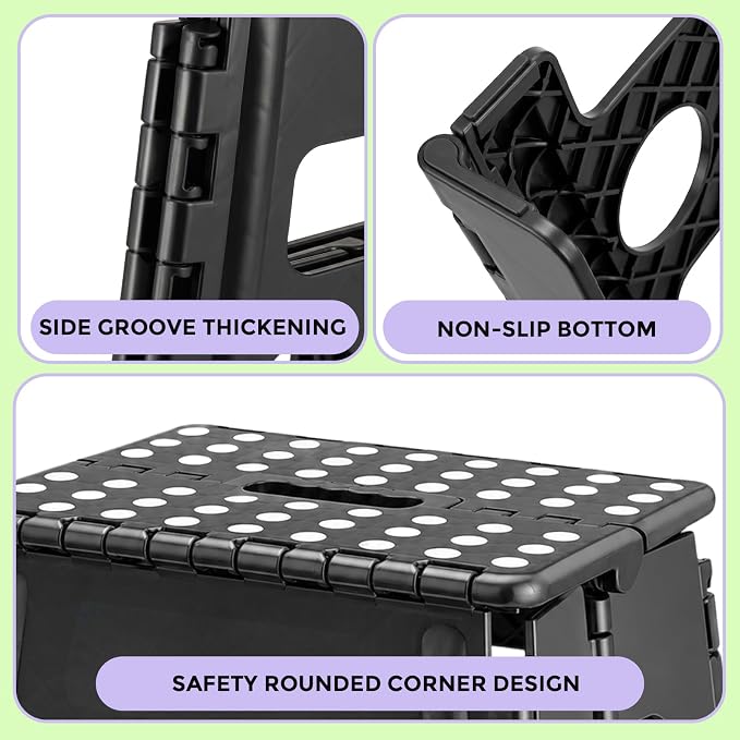 Dyforce Folding Step Stool 13 Inch,300lbs Foldable Stool for Adults & Kids | Stepping Stool Black,Non-Slip Plastic Compact Foot Stool with Carry Handle,Lightweight for Bathroom Kitchen Bedroom Garden