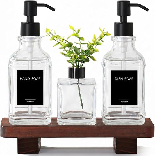 Kitchen Soap Dispenser Set with Wood Tray, Clear Glass Soap Dispenser with Pump, Decorative Hand and Dish Soap Dispenser Set, Soap and Lotion Dispenser Upgrade for Kitchen and Bathroom Decor