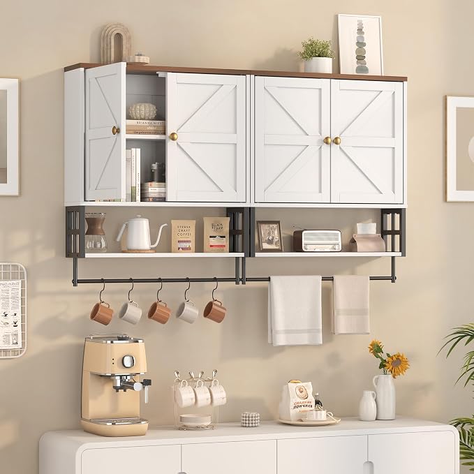 Wall Mounted Bathroom Storage Large Farmhouse Medicine Cabinet | 2 Doors & Adjustable Shelves 5 Hooks, 3-Tier for Over-Toilet, Laundry, Living, Bedroom, Kitchen, Space Saving