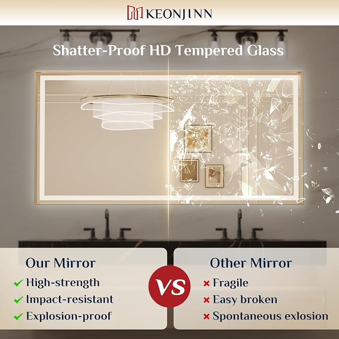 Keonjinn 42x36 Inch Gold LED Bathroom Mirror with Lights, Beveled Edge | Frontlit & Backlit, Lighted Bathroom Mirror, HD Tempered Glass, 3 Color Temperatures, Anti-fog, Stepless Dimmable