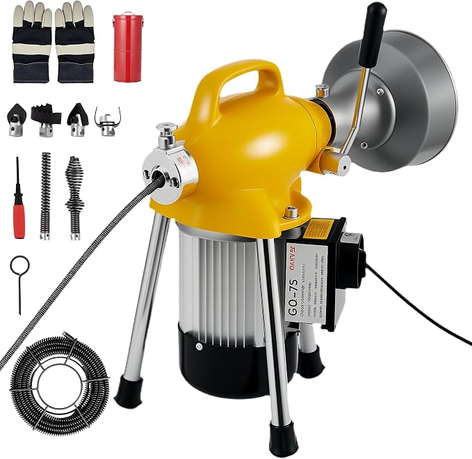 500W 400 RPM Auto Feed Electric Drain Cleaner Machine (66FT x 5/8" + 16FT x 3/8", Yellow and Sliver) | Portable Drain Cleaning Auger Sewer Snake with 66 ft x 5/8" & 16 ft x 3/5" Steel Cables & 6 Cutters, for 1.6"-4" Pipes