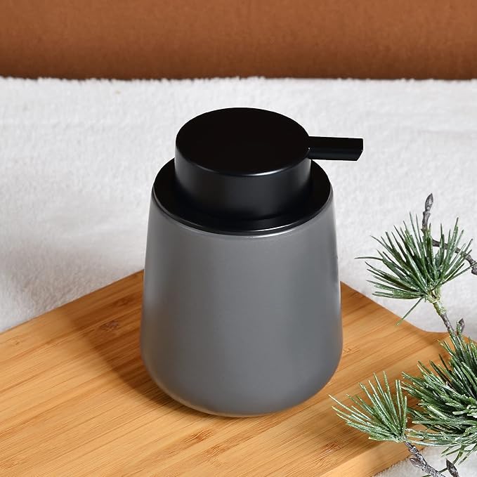 BosilunLife Ceramic Soap Dispenser - Dish Soap Dispenser for Bathroom 12Oz | Refillable Liquid Hand Wash Dispenser for Essential Oil, Lotion Soap, Modern Grey