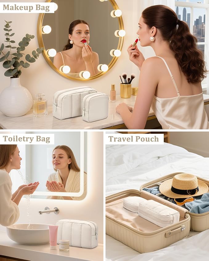 2 Pcs Makeup Bag Travel Toiletry Bag for Women Puffy Padded Cosmetic Pouch Purse Wide-open Makeup Organizer Case Travel Essentials