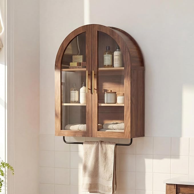 Seang Bathroom Arched Wall Cabinet,23.6" Modern Medicine Cabinet with Towel Bar and Adjustable Shelf,Over The Toilet Wall Storage Cabinet for Laundry Room,Living Room,Kitchen,Walnut
