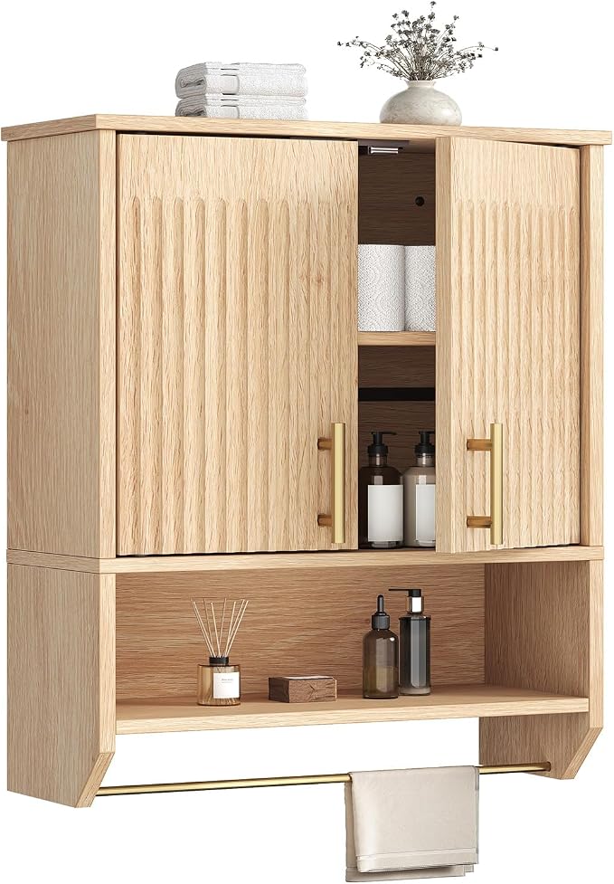 HOOBRO Narrow Bathroom Wall Cabinet with Towel Rack, Space Saving Medicine Cabinet for Small Spaces, Farmhouse Fluted Wall Storage Cabinet with Adjustable Shelf, Natural