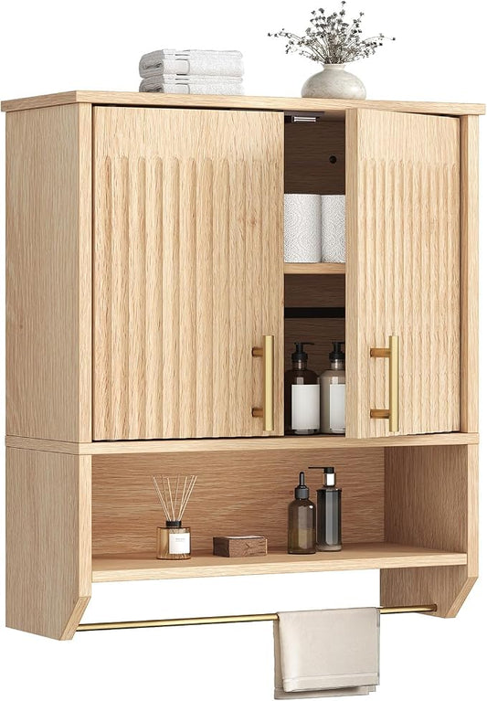 HOOBRO Narrow Bathroom Wall Cabinet with Towel Rack, Space Saving Medicine Cabinet for Small Spaces, Farmhouse Fluted Wall Storage Cabinet with Adjustable Shelf, Natural