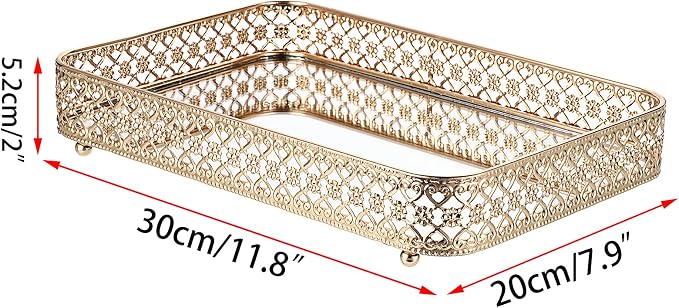 ELLDOO Gold Mirror Glass Perfume & Makeup Vanity Tray, Medium Size | Hollow-Carved Jewelry Storage, Metal Trinket Organizer for Dresser Bathroom Countertop Home Decor