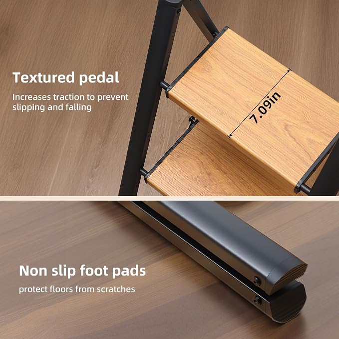 2 Step Ladder, Folding Step Stool, Black & Woodgrain | Wide Anti-Slip Steps and a Foldable, Space-Saving Design for Adults to Use in Kitchens, Closets, Library,300 lbs
