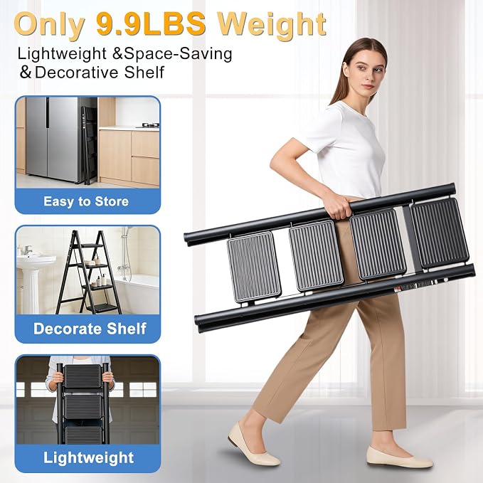 4 Step Ladder Folding Step Stool Sturdy Carbon Steel Frame | Anti-Slip Thick Pedal & Feet Portable for Home Kitchen Garage (black-4step)