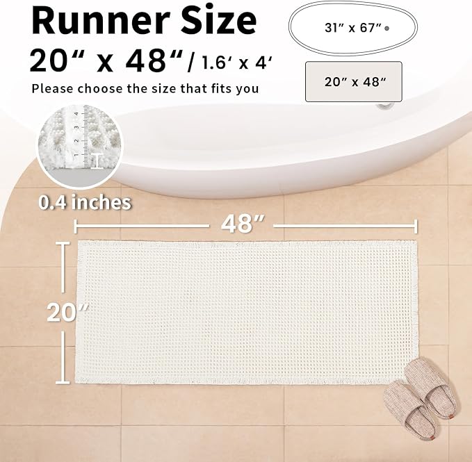 White Bathroom Rugs, Waffle Bath Mat Non Slip Washable, 20" x 48" | Super Absorbent Quick Dry Bath Mat, Boho Bathroom Mats, Soft Waffle Weave Farmhouse Bathroom Decor for Shower or Tub