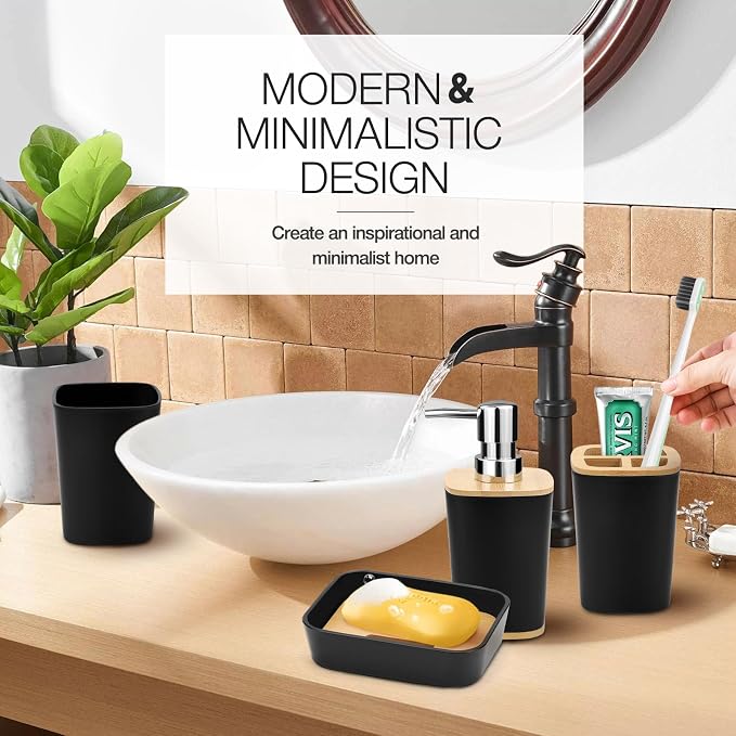Hommtina Bamboo Bathroom Accessory Set, 6 Pcs Bathroom Essential Includes Toothbrush Cup, Toothbrush Holder, Soap Dispenser, Soap Dish, Toilet Brush with Holder, Trash Can (Black Square)