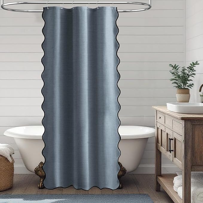 Stall Boho Scalloped Linen Textured Shower Curtain, 36x72, Blue Grey | Half Size, 230GSM Waterproof Polyester, Heavy Duty Fabric, 6 Plastic Hooks, Elegant Modern Farmhouse Style, Machine Washable