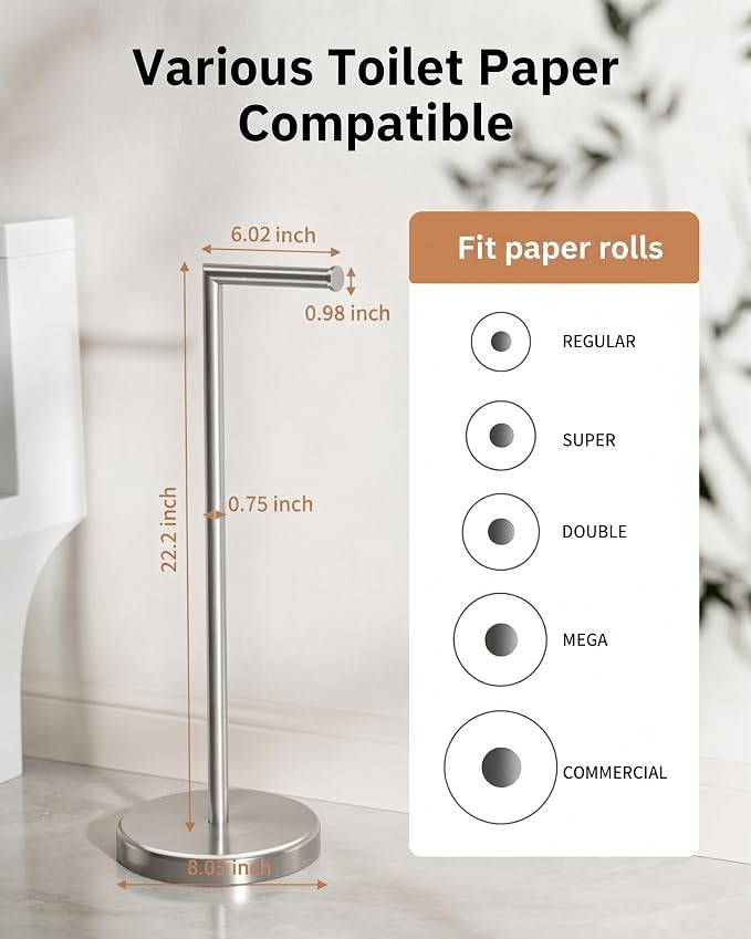 BWE Brushed Nickel Toilet Paper Holder Stand SUS304 Stainless Steel Modern | Freestanding Toilet Paper Roll Tissue Holder for Bathroom Toilet Paper Stand with Heavy Weighted Base Portable Saving Space